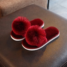 Herfst Pluche kinderen Slippers Meisjes Mode Fleece Thuis Indoor Non-slip Slippers Effen Slippers Kids Maat 26-35 leuke