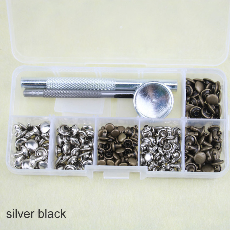 Metal Double Sided DIY Crafts Belts Fixing Tool Kit 120 Set Silver Bronze Rivets Rivets Tubular Leather Repairing: silver black