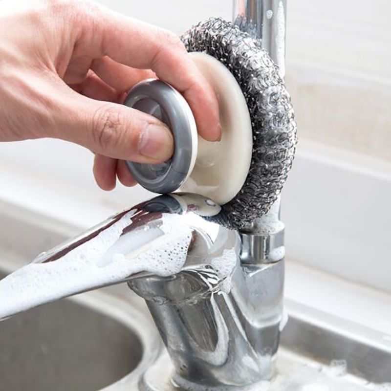 Stainless Steel Scourers with Plastic Handle, Steel Wool Scrubber Pad Kitchen Bathroom Cleaning Brush for Dishes, Pots, Pans