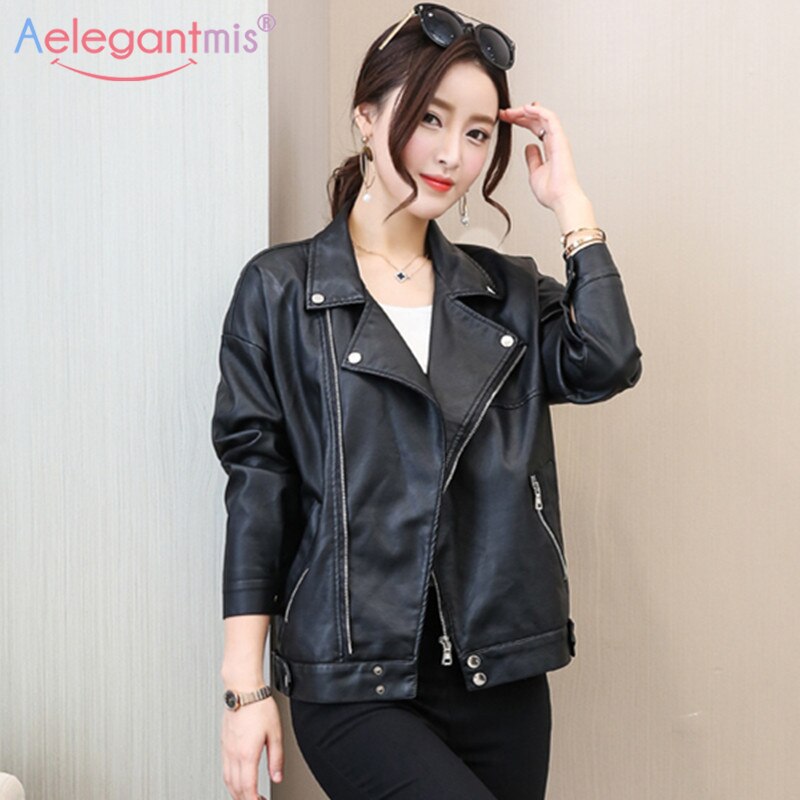 Aelegantmis klassisk sort kvinder løs pu læderjakke efterår vinter plus size outwear dame blød imiteret læder biker jakke