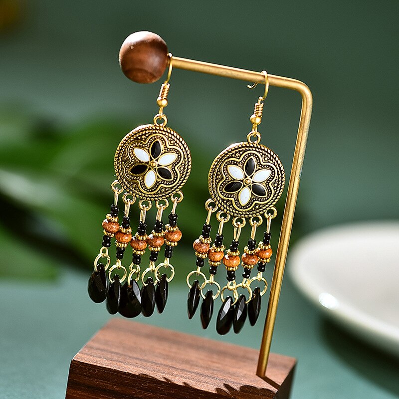 Pendientes colgantes de flores bohemios para mujer, aretes largos de acrílico con cuentas y borlas, joyería de boda,: E1794-Black