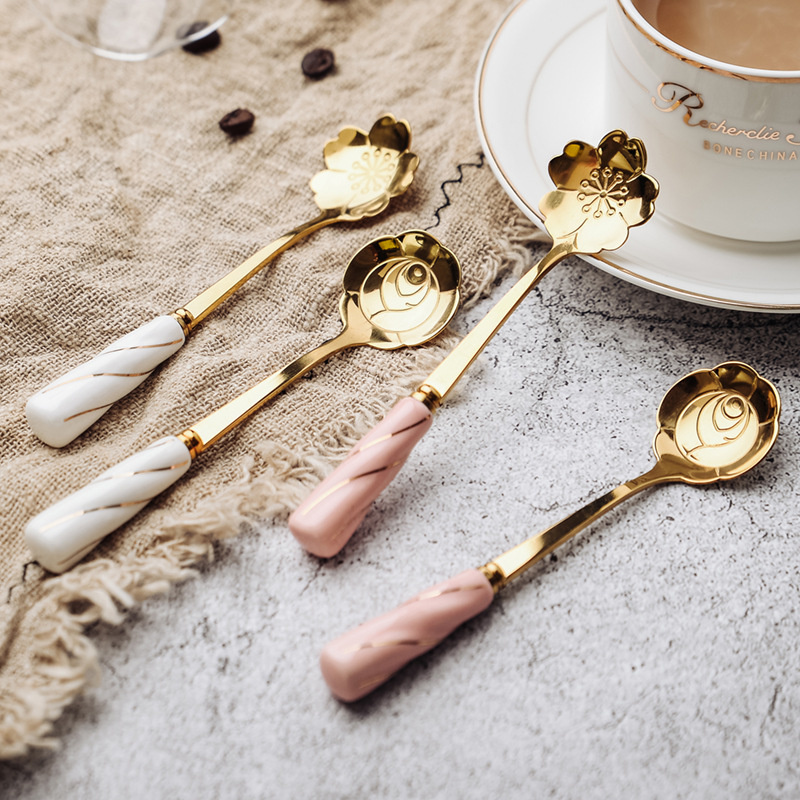 Mini Stainless Steel Dessert Spoon Ceramic handle flower Spoon Teaspoon Gold Coffee Cake Fruit Milk Spoon Kitchen Tableware