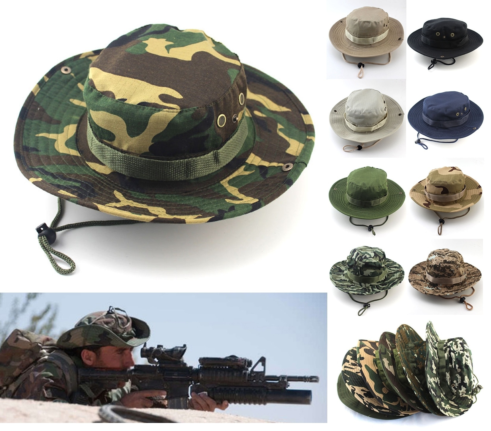 Gorros Boonie de arbusto al aire libre, gorro de pesca de camuflaje de la jungla