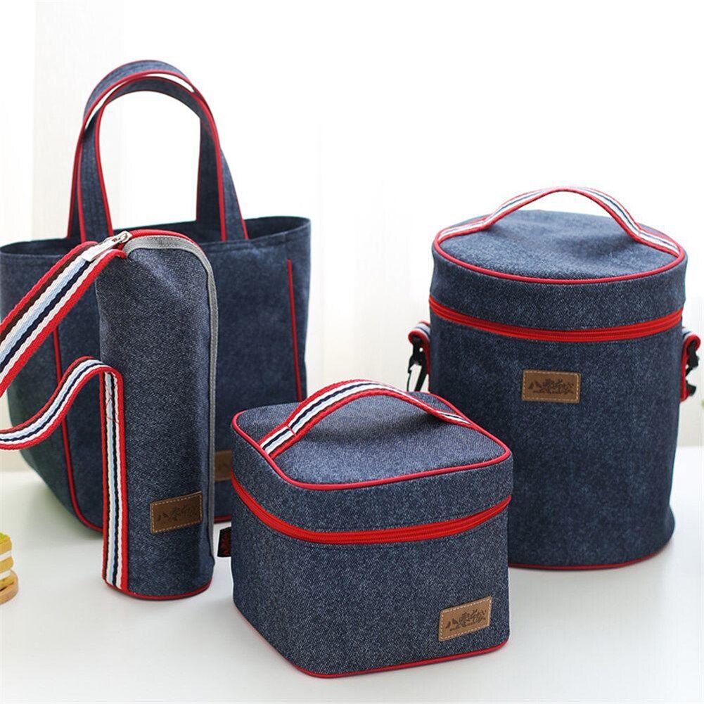 Portable Tote Heat Insulated Lunch Storage Cooler Food Box Denim Thermal Bag Portable Heat-insulated Cooler Lunch Box Tote