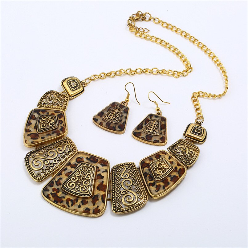 Olaru Extendy Vintage Luipaard print Sieraden Set Voor Vrouw Choker Ketting met Earring Verklaring Sieraden: color2