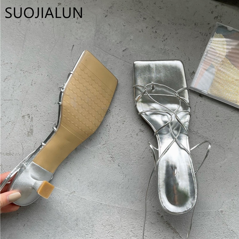 SUOJIALUN Women Sandals Thin Low Heel Lace Up Rome Sandal Summer Gladiator Casual Sandal Narrow Band Shoes Big Size 40