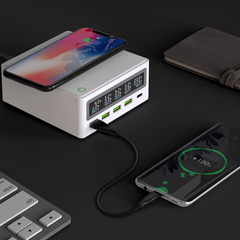 Ilepo 110W 5 Poorten QC3.0 Usb Type C Pd 65W Adapter Lcd Draadloze Oplader Cellphonetfast Lader Station voor Laptop Tafel