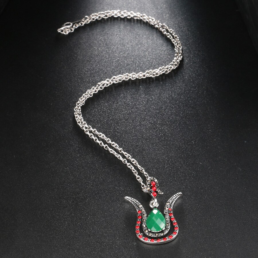 Kinel turquia conjuntos de jóias moda cor prata feminino retro verde pingente colar brinco anel de cristal rosa conjunto de jóias