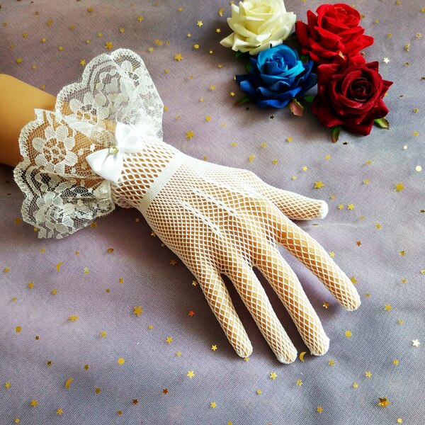 Gants en dentelle Lolita, grand nœud de mariée blanc, manchettes gothiques, accessoires Lolita foncés: White