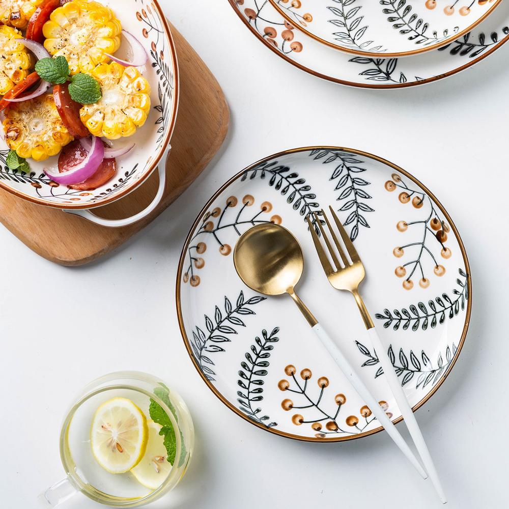 Mdzfsweethome folha veia pintados à mão placa sobremesa macarrão bife salada louça placas de cozimento lasanha pan resistente ao calor