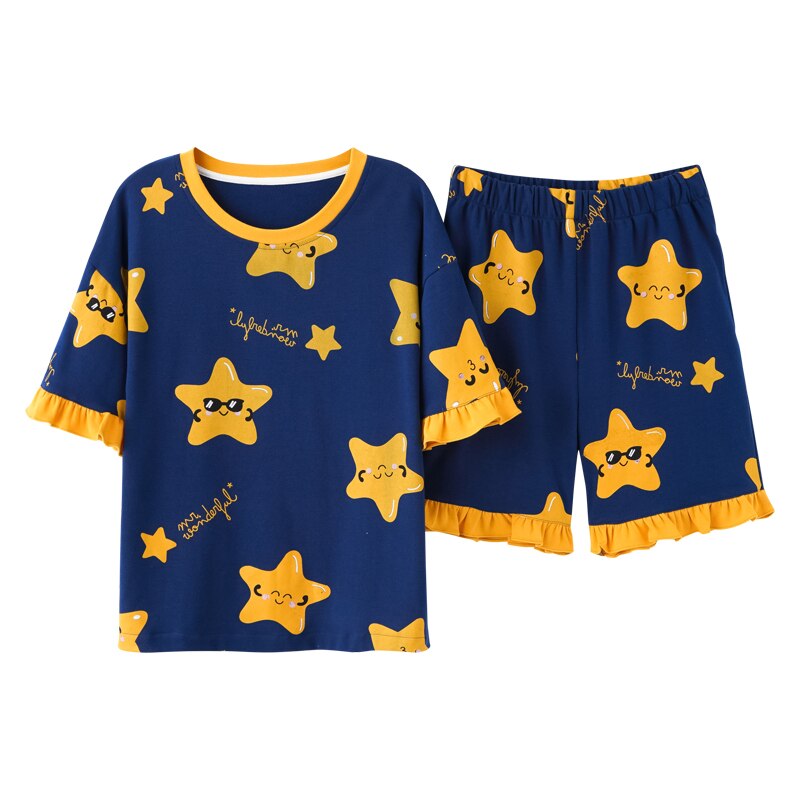 BZEL Blue Stars Sleepwear Cotton Women&#39;s Pajamas Set Sweet Girls Shorts Home Suit Soft Comfort Pijamas Cute Nighty Pyjamas M-3XL