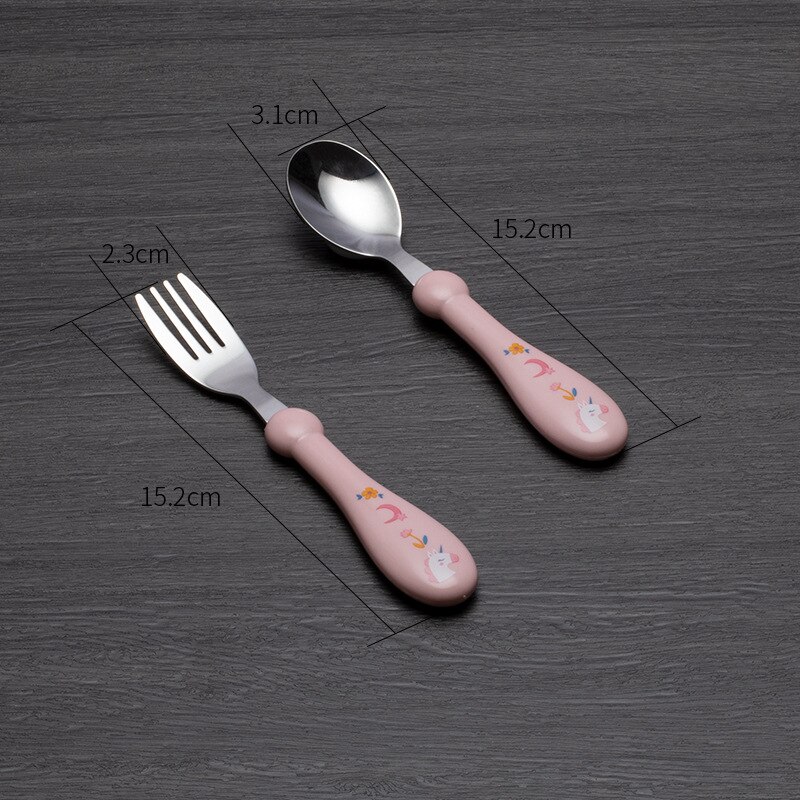 Juego de cuchara y tenedor para bebé, cubiertos de acero inoxidable de seguridad para alimentación de niños, utensilio de dibujos animados, vajilla infantil, 2 piezas: Pink-straight