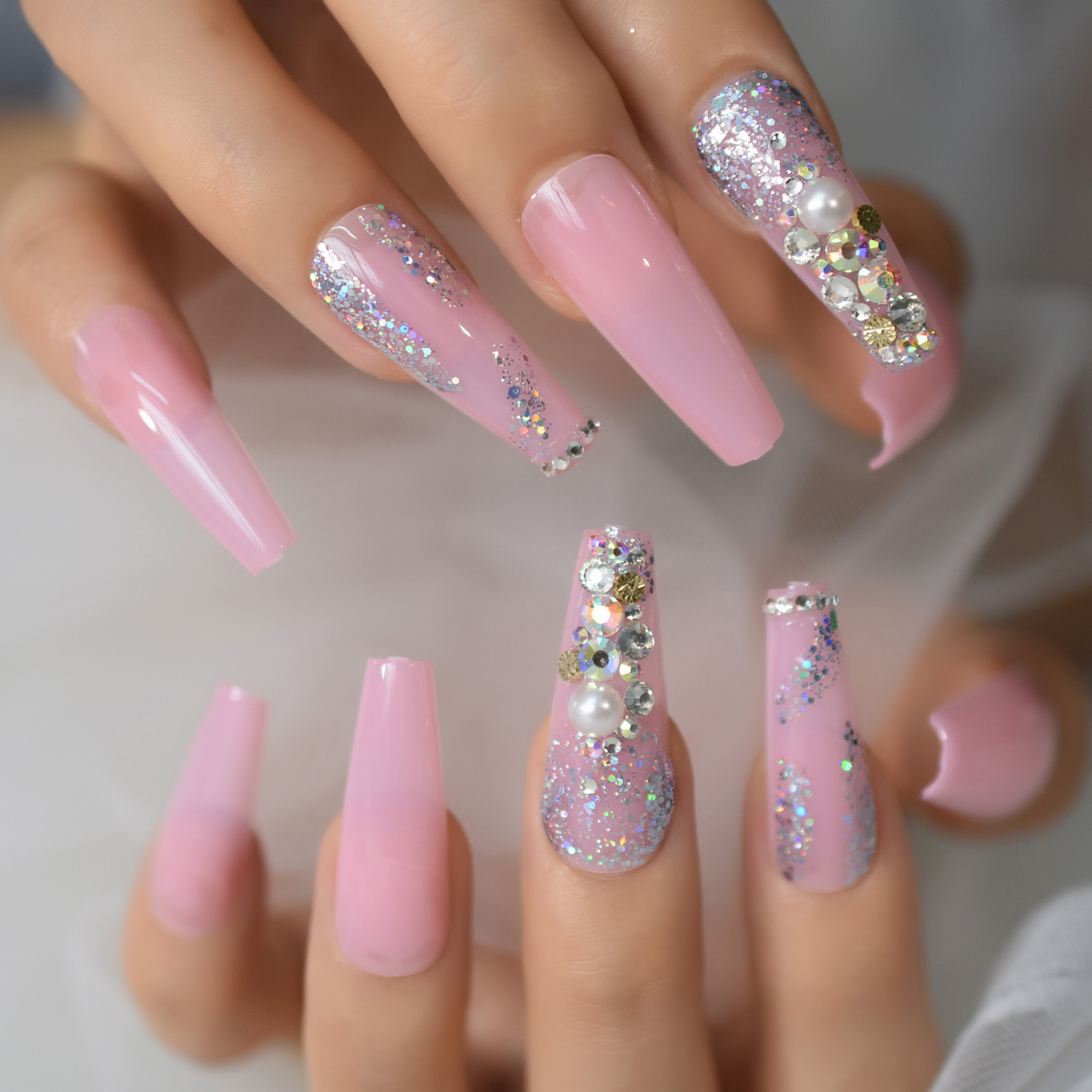 Extra Long Coffin Nail Translucent Pink Glitter Pre Designs Press On Full Cover Fingernail Manicure Tips Supplies: L6119