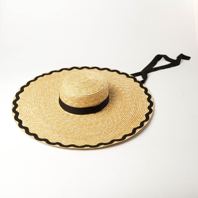 hats women Wave patch cloth brim flat top big straw hat outdoor sunshade beach straw hat: black
