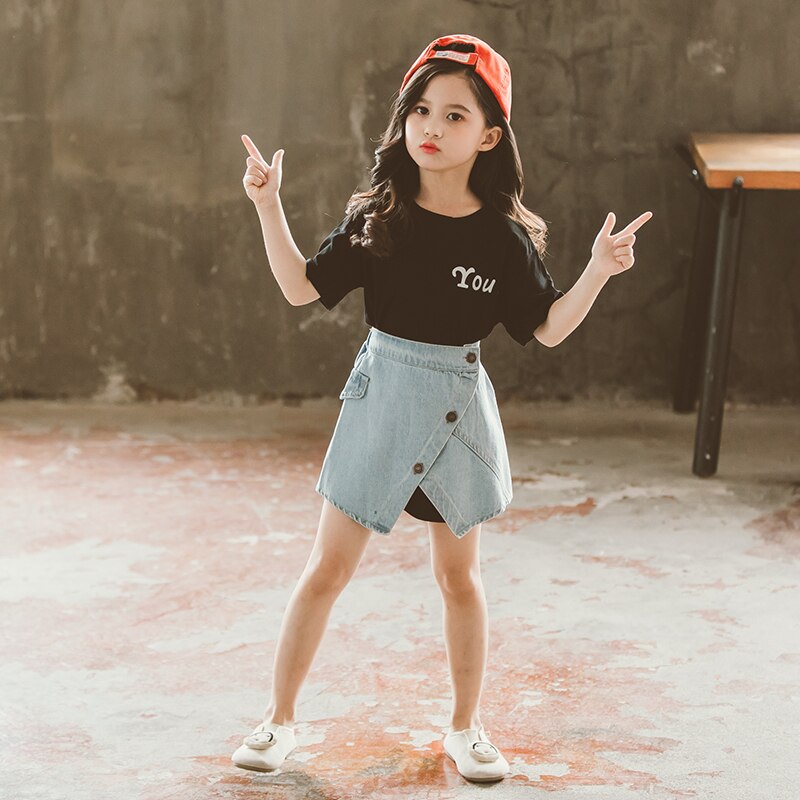 Girls Clothing Set Letter T-shirt Denim Skirt 2pcs Kids Clothes for Girl 3 4 6 7 9 10 11 12 Year Toddler Teen Children Suits: Black / 4T