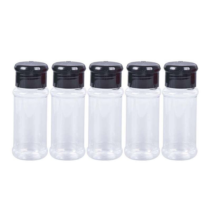 Tarros de plástico para condimentos, especias, sal, pimienta, para barbacoa, vinagre, embotellado, 100ml, 5 uds.: Black