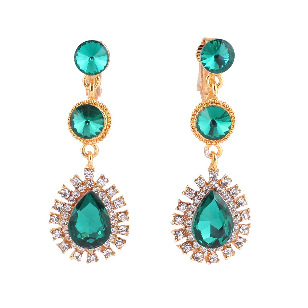 Wenhq 12 Kleuren Hoogwaardige Rhinestone Crystal Tear Shape Clip Op Oorbellen Geen Doorstoken Voor Vrouwen Bruiloft Geen gat Oor Clip: Gold Green