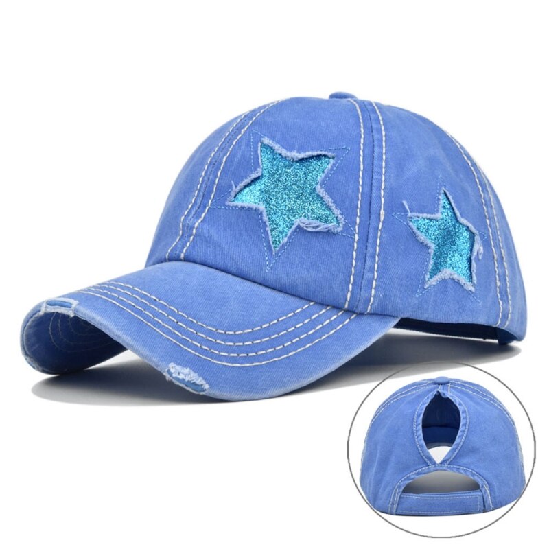 Vrouwen Gewassen Baseball Cap Glitter Ster Borduurwerk Verontruste Paardenstaart Gat Hoed: Blauw