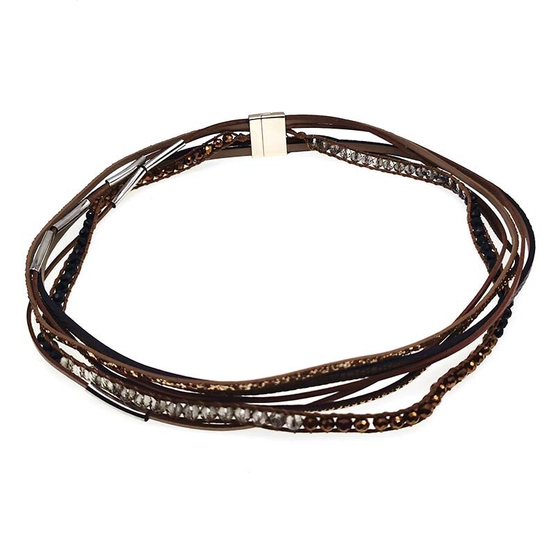 Pulsera de cuero multicapa con cuentas de cristal y abalorios de Metal para mujer, joyería femenina, 3 capas,