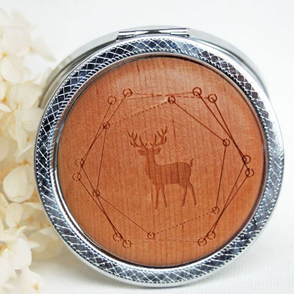 Wooden Retro Mini Mirror Metal Cartoon Printed Double-sided Folding Round Mirror