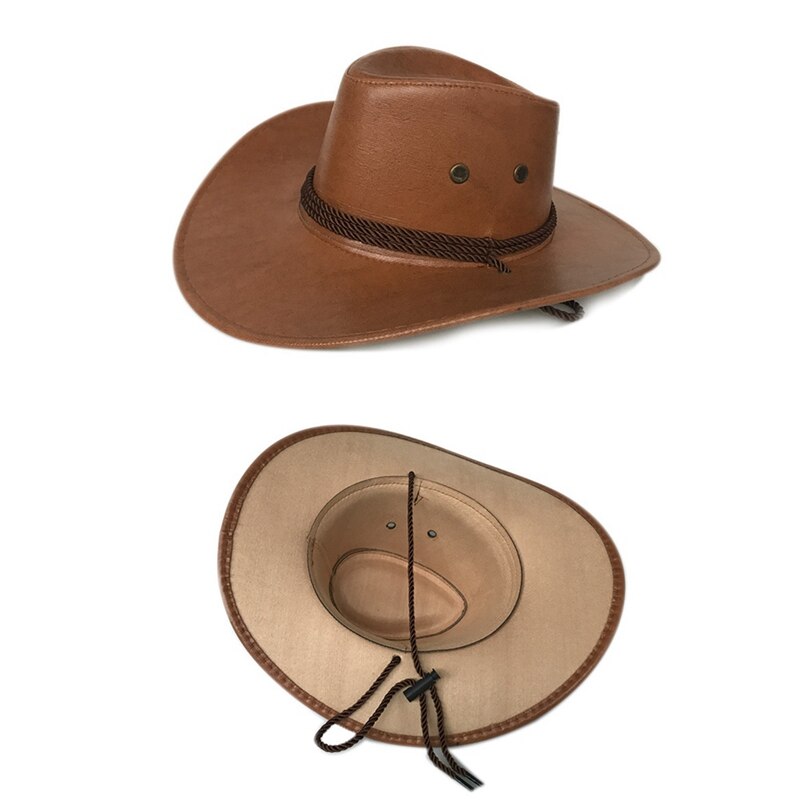 Wide Brim Solid Color PU Leather Cowboy Hat Caps For Gentleman Casual Travel Fancy Party Male Female Cowgirl Hats Cap