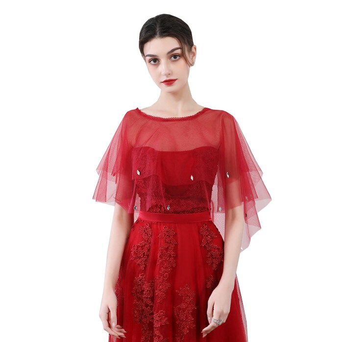 Zomer rode blauwe tule bruidsomslagdoeken sjaal dames avond cape bolero strass bruidsjurk bruiloft feest jassen omslagdoek: Wijnrood