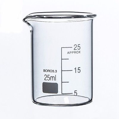 Vaso de vidrio borosilicato para laboratorio de química, transparente, grueso, con boquilla, 25ml,