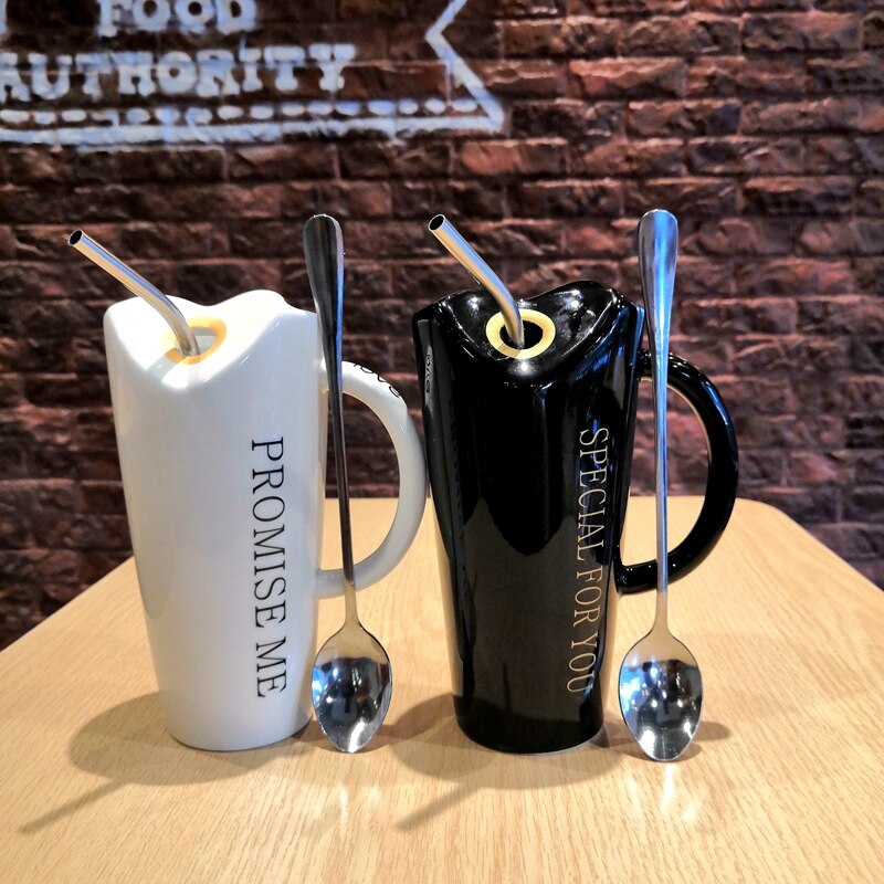 Taza de cerámica para beber OUSSIRRO, creativa, con personalidad minimalista, pajitas a granel, cuchara para hombre y mujer, taza para el hogar para oficina