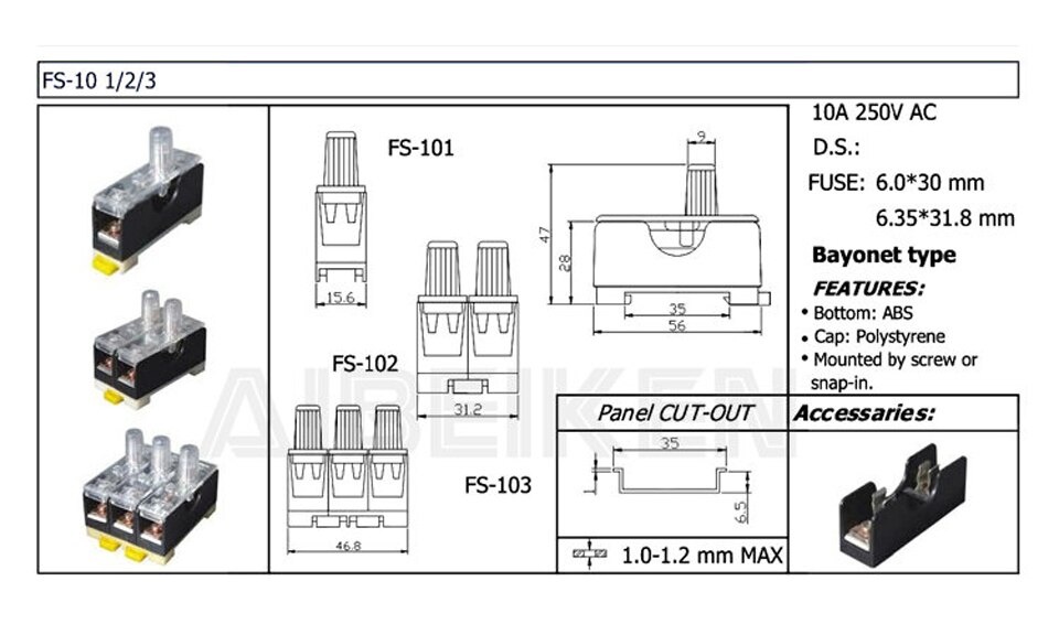 6x30mm vidrio-portafusibles 1P enchufe-Panel 220V lámpara seguro-tubo 24V negro FS-101 coche-fusibles camión Amp