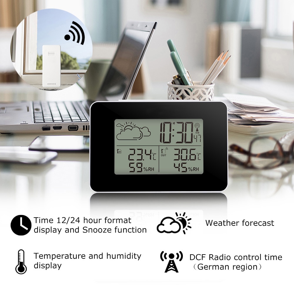 FanJu – réveil numérique FJ3364, Station météo, capteur sans fil, hygromètre, thermomètre, montre LCD, horloge de Table de bureau