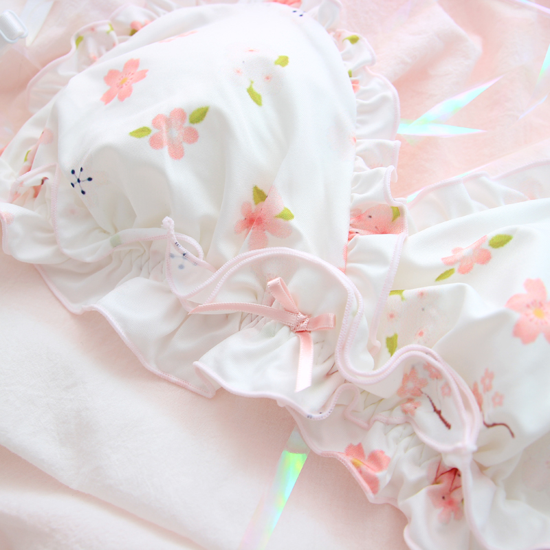 Pink Sakura Cute Japanese Bra & Panties Set Wirefree Soft Underwear Sleep Intimates Set Kawaii Lolita bra and panty set