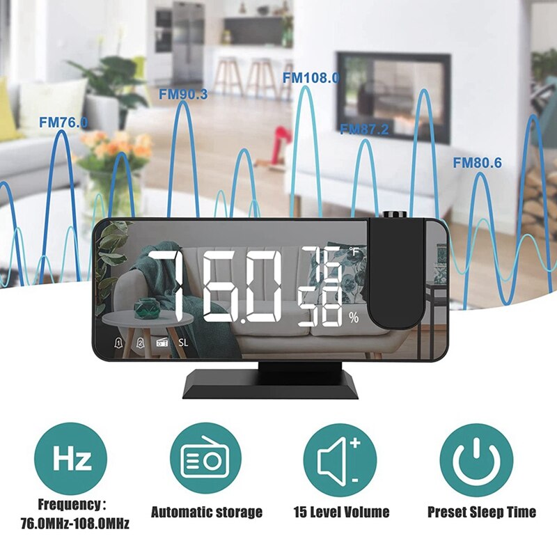 Projection Alarm Clock with Temperature Hygrometer,7.3Inch LED Radio Digital Clock with Rotation Ceiling Projector