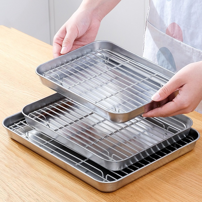 Roestvrijstalen bakplaat Lade met olieafvoer Mesh Grill Afvoer Taart Bakken Vierhoek Mesh Tray Koken Bakken Barbecue Gereedschap