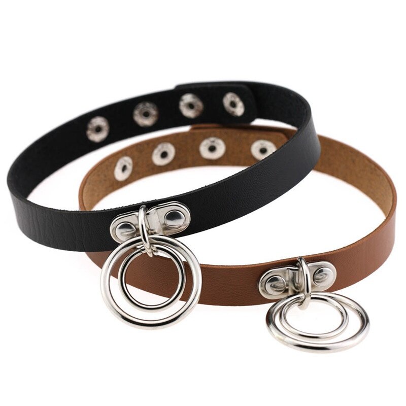 Popular Choker Collar Necklace Double Ring O Leather Gothic Bracelet Women