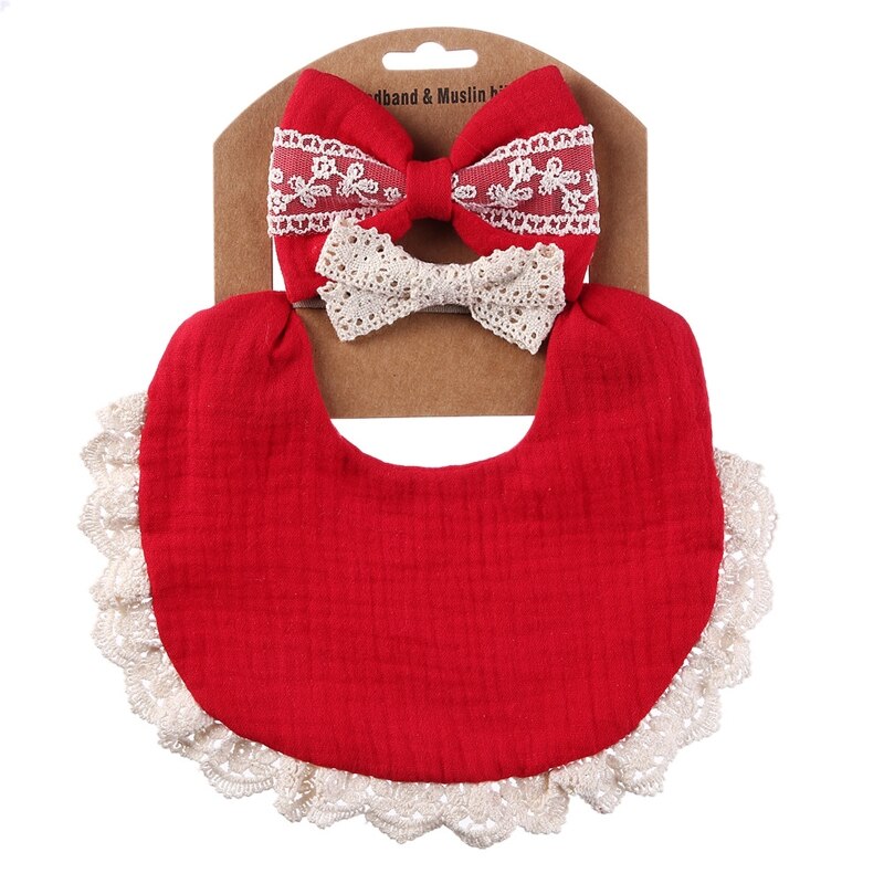 Baby Feeding Drool Bib Lace Headband Set Soft Cotton Saliva Towel Bandana Burp Cloth Hair Band for Newborn Toddler: red