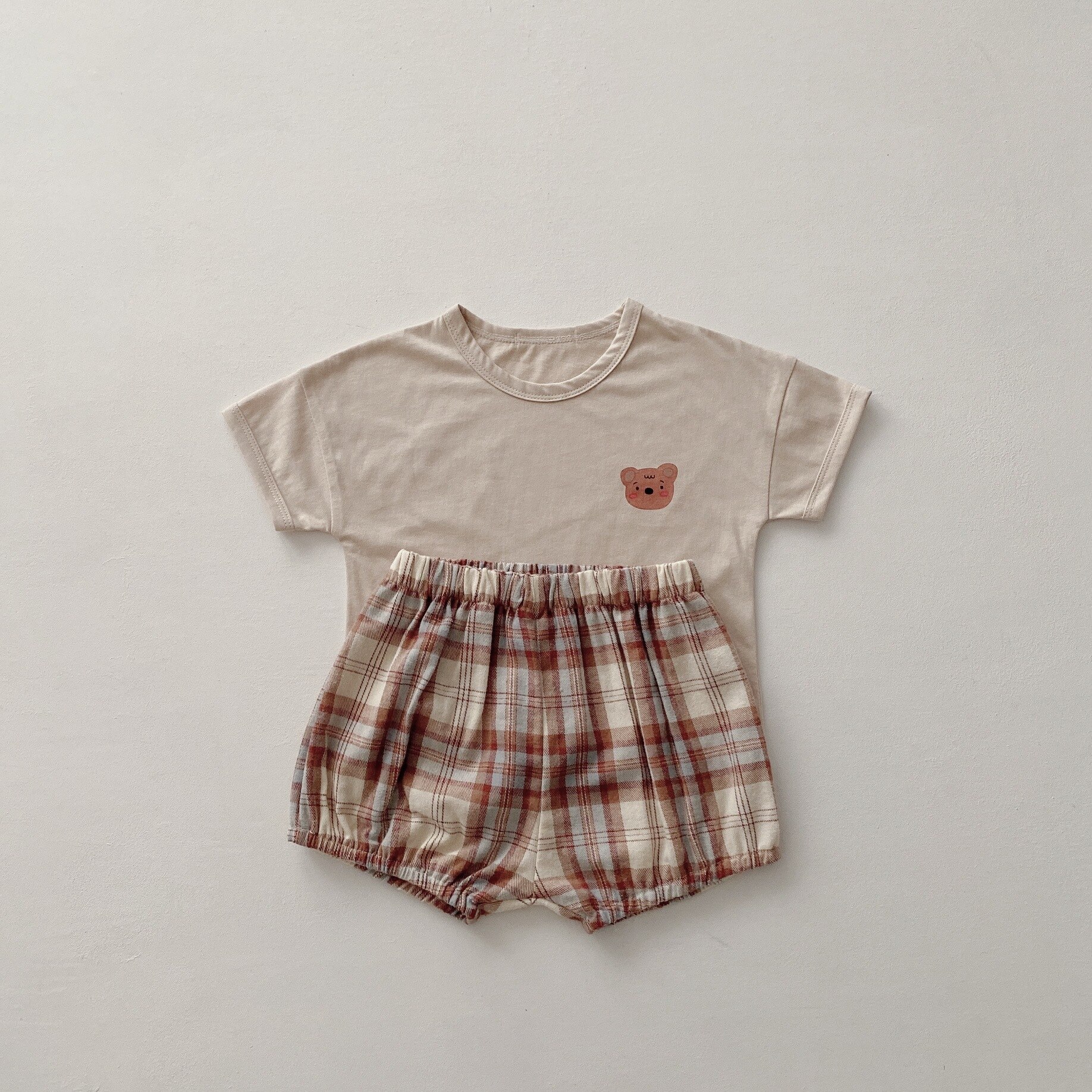 été Bébé Garçon Fille Solide Coton Manches Courtes Hauts + Enfant Garçon Imprimé Floral Motif Lâche PP Pantalon 2 pièces Ensemble: YCM2135-Apricot / 3T