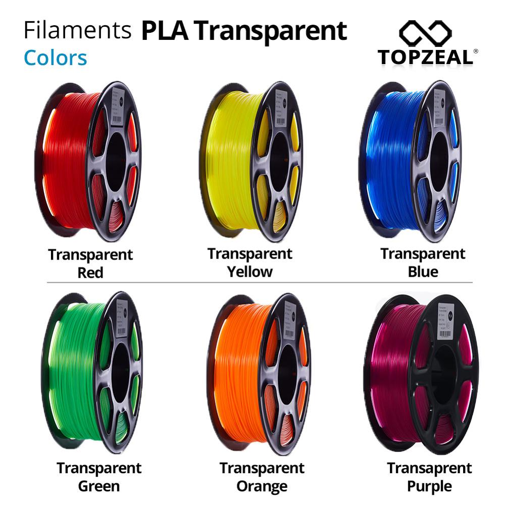 Topzeal-filamento pla de plástico transparente para impressora 3d, 1.75mm, 1kg, material para impressão 3d, série transparente