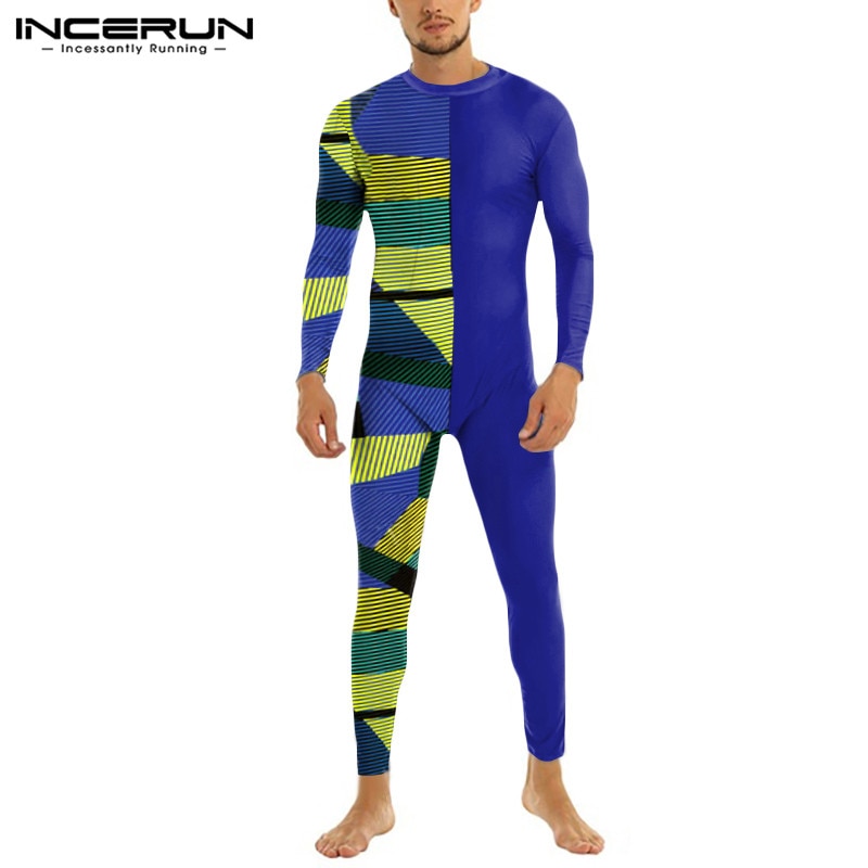 Incerun Mannen Pyjama Jumpsuit Homewear Patchwork O Hals Lange Mouwen Leisure Rompertjes Zipper Skinny Gezellige Overalls Nachtkleding S-5XL