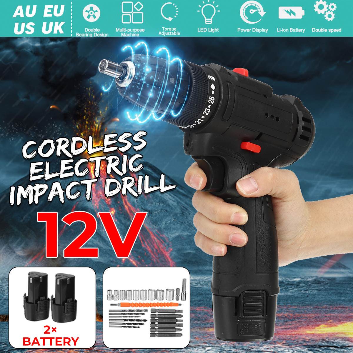 12V Electric Cordless Screwdriver With Battery Rechargeable Dual Speed Cordless Drill Screwdriver Hammer Impact Power Tools