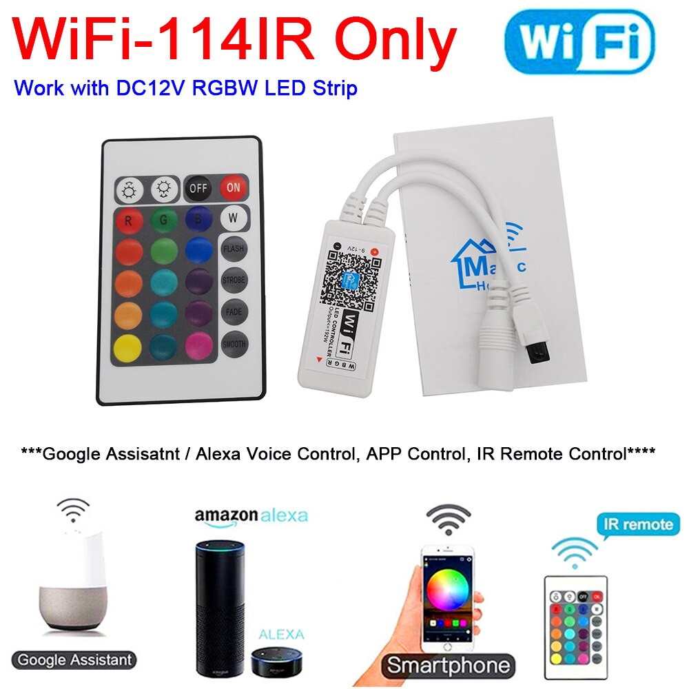 Magic Home-controlador de tira LED para teléfono inteligente, RGB, RGBW, Bluetooth, Control RF/infrarrojos, Control remoto por voz, Alexa y Google: WF114IR 24Key RGBW