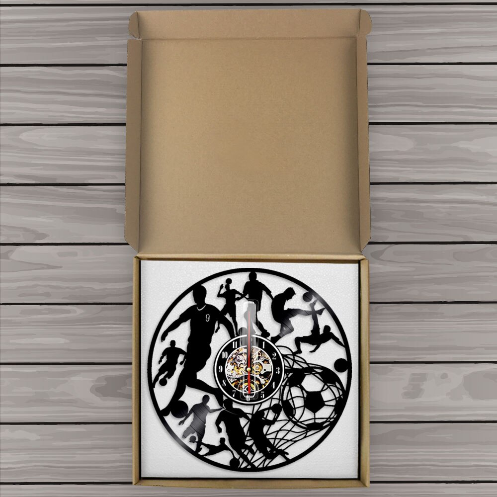 Reloj de pared de fútbol jugadores de fútbol Kick Ball Net Goal Football Field equipo de pelota deporte Colegio niños Juego reloj de vinilo de registro