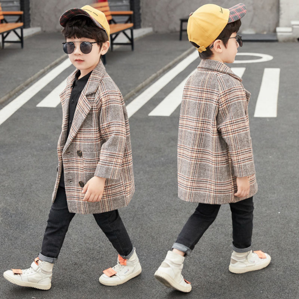 Neuheit Plaid Lässig freundlicher Jungen Wolle Mantel Für 3-12Jahre Frühling Herbst Lange Hülse Drehen-unten Kragen Jungen oberbekleidung