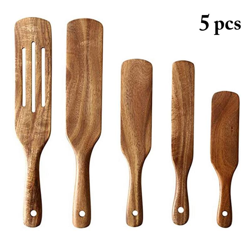 5pcs Wooden Spurtle Non Stick Cooking Spatula Stirring Paddle Slotted Spurtle Kitchen Utensil Set Heat Resistant Cookware