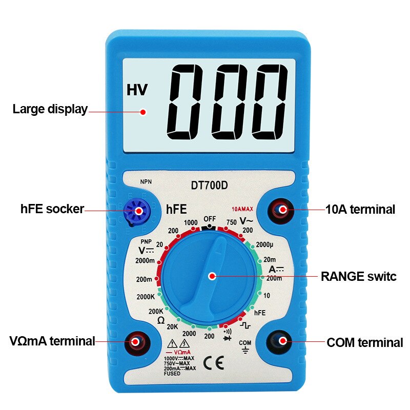 1Pcs DT700 Digitale Multimeter Tester Voltmeter Meten Stroom Weerstand Temperatuur Meter AC DC Amperemeter Test Lead Probe