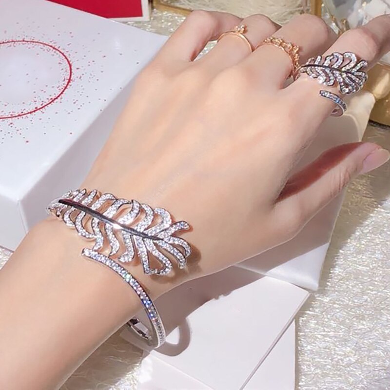 Brand Pure 925 Sterling Silver Jewelry For Women Feather Bangle Bowknot Bangle Wedding Jewelry Engagement 925 Bracelet