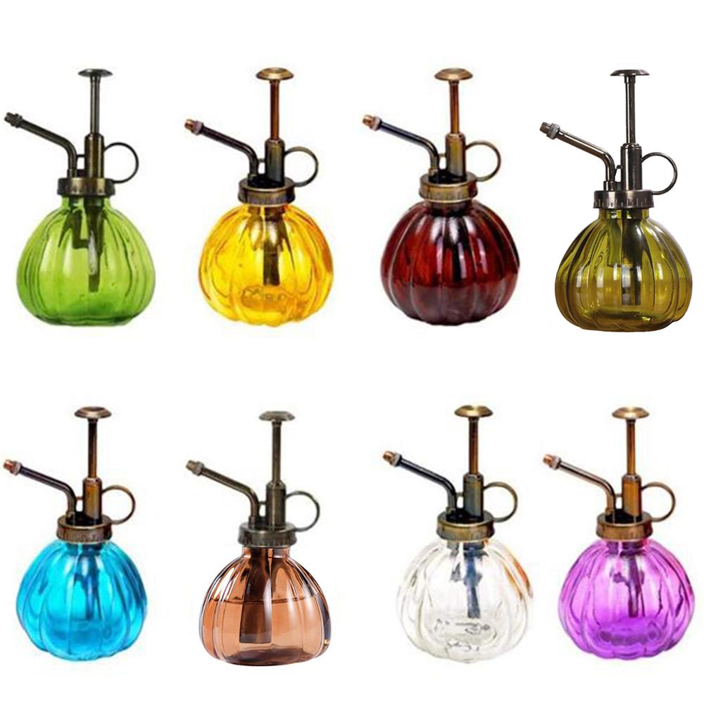 Retro glazen spuitfles, planten, bloemen, waterkan, tuinsproeier, pomp, mist, gieter, pot