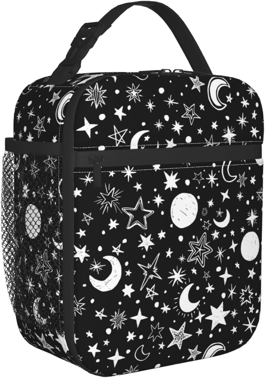 Black and White Moon Star Reusable Insulated Lunch Bags for Teens Boys Girls Men Women Thermal Lunch Box Cooler Bento Tote Bag: Default Title