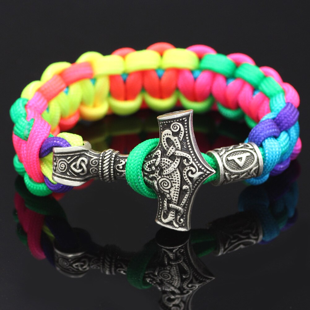 Youe Glänzte Nordischen Viking Thor Mjolnir Hammer Paracord Amuletceltic Rune Knoten Amulett Skandinavischen Licht Regenbogen Armband: O