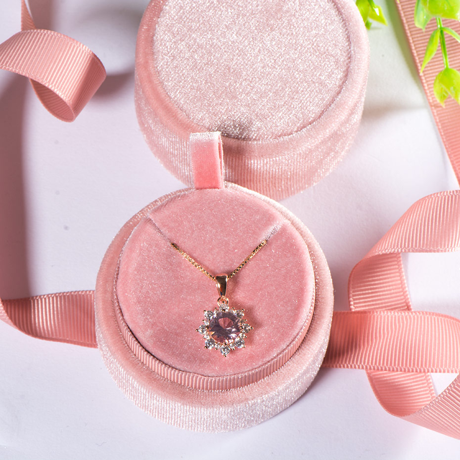 Kuololit pink fløjl rund sløjfe smykkeskrin til bryllup forlovelsesring øreringe halskæde armbånd smykker emballage display