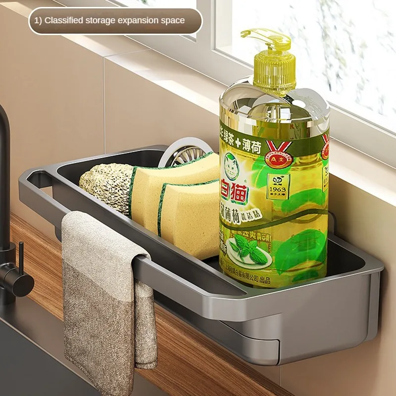 Küche Waschbecken Organizer Abfluss Gestell Selbstentleerung Regal Schwamm Halfter Geschirrtuch Wasserhahn Lagerung Seife Abtropffläche Küche Zubehör